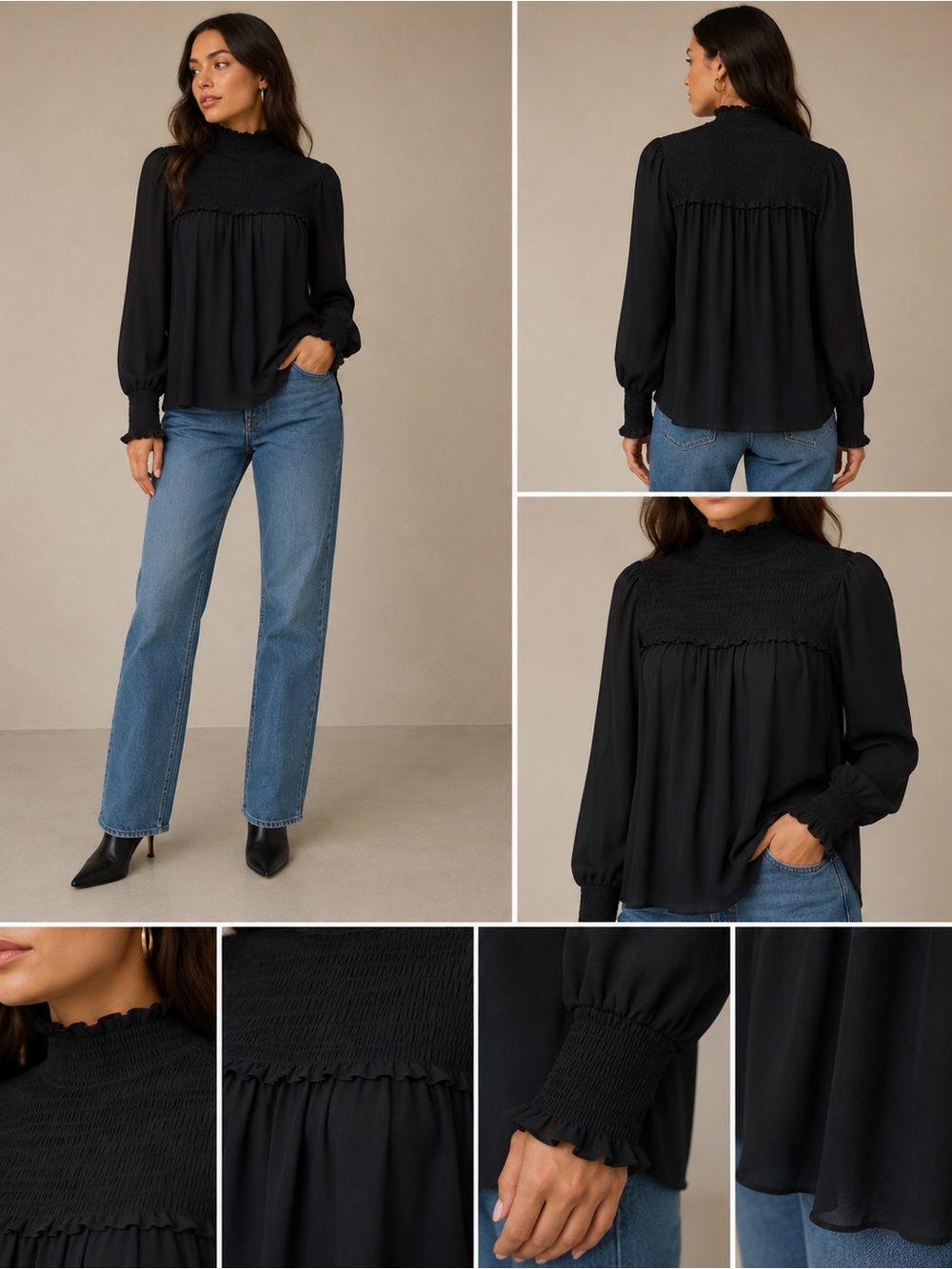 Max Studio Mock Neck Chiffon Ruched Long Sleeve Blouse Black Size Medium